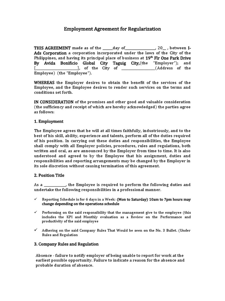 Employment Agreement For Regularization - I-Ads Corp.1 | PDF | Overtime ...