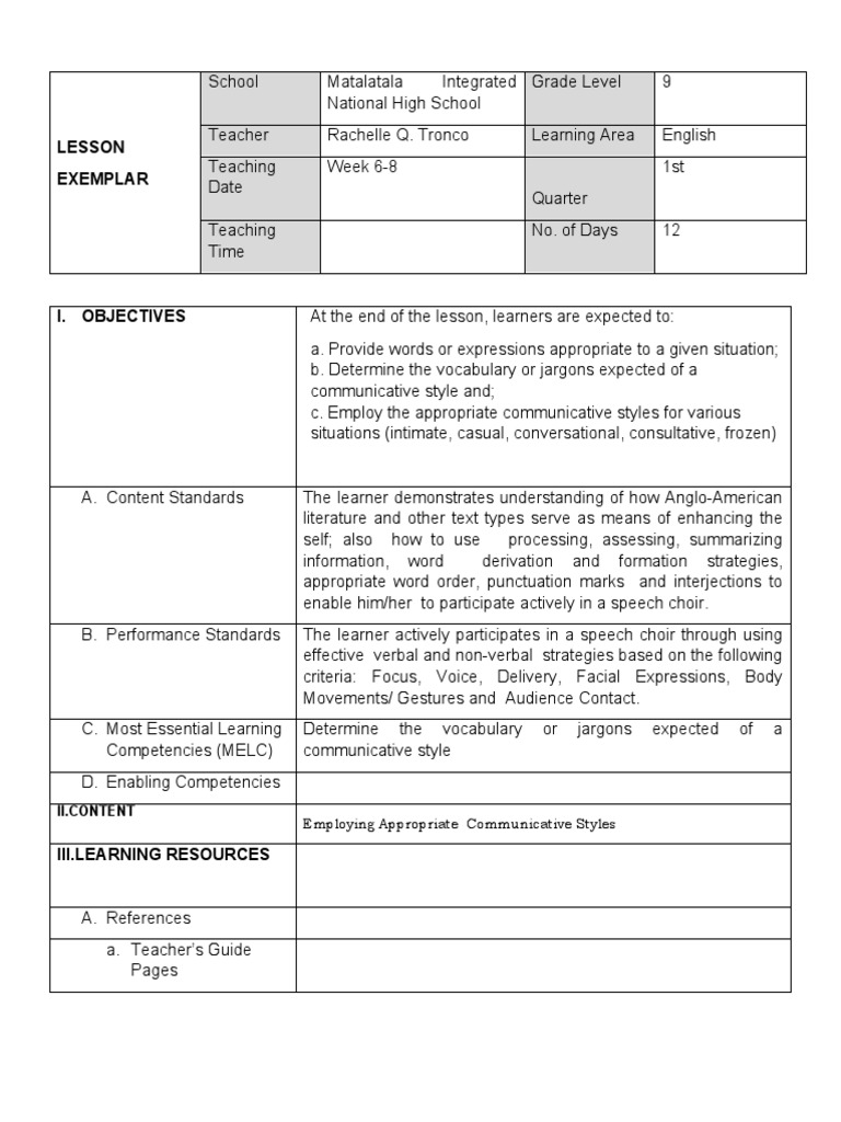 Communicative Styles Lesson Plan | PDF | Nonverbal Communication | Learning