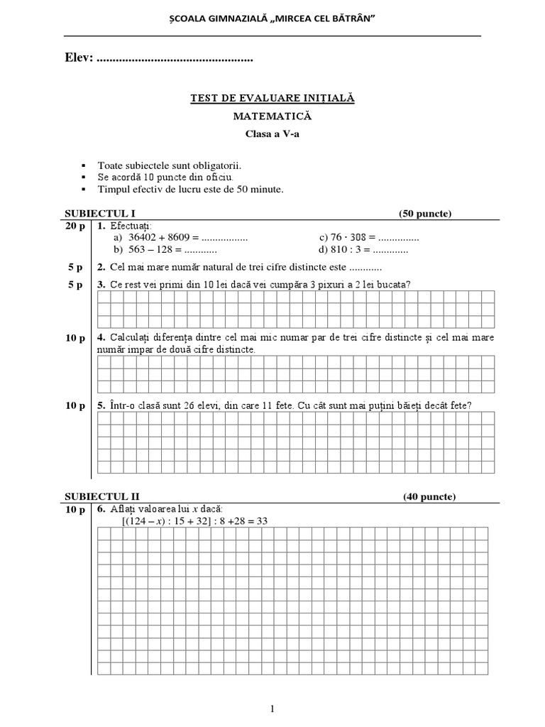 Test Initial Matematica Clasa 5 - Evaluarea Cunostintelor Fundamentale