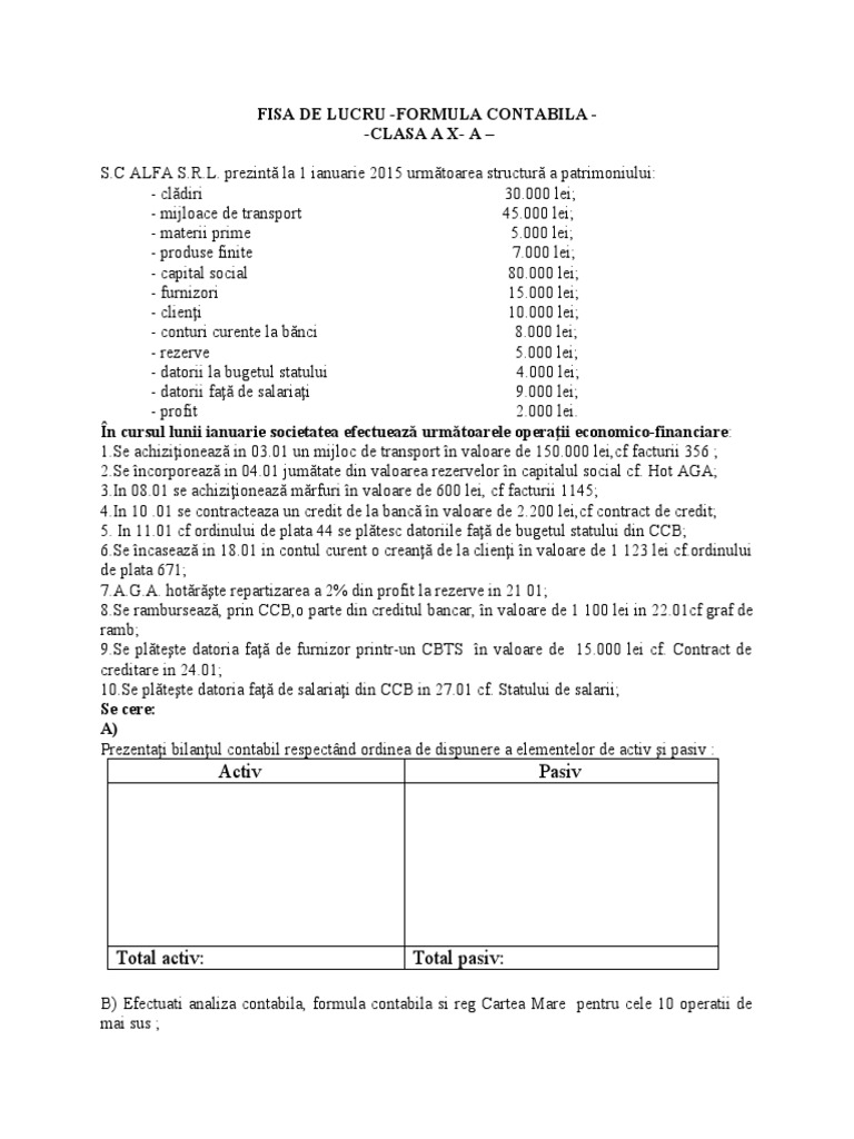 Fisa - de - Lucru - Formula - Contabila - Si - Bilantul - Docx Clasa A ...