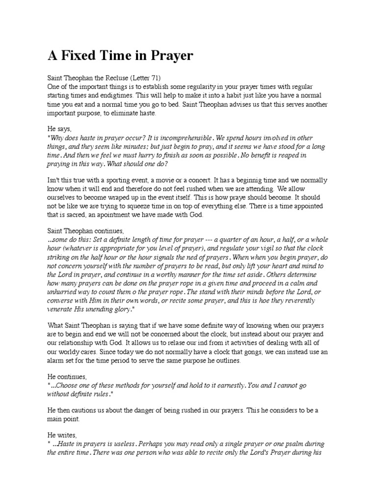 Establishing Regular Prayer Times Advice from Saint Theophan the Recluse on Eliminating Haste