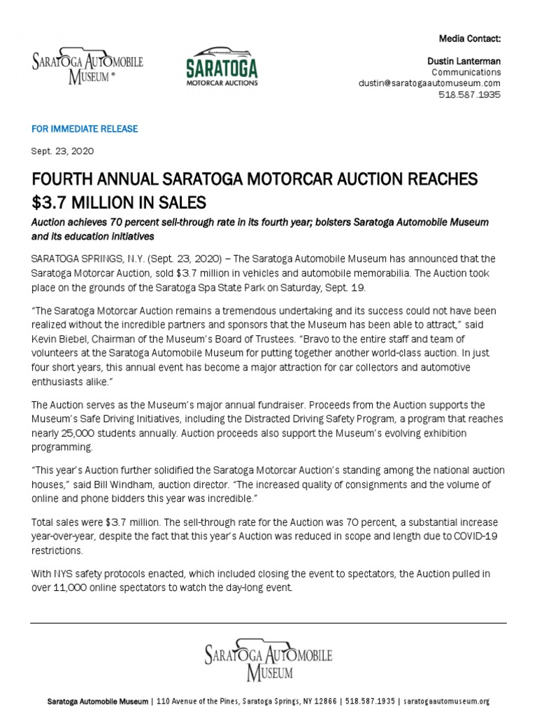 Fourth Annual Saratoga Motorcar Auction Reaches 3.7 Million in Sales