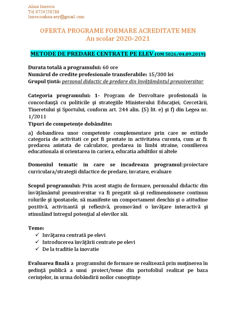 Nou OFERTA PROGRAME FORMARE ACREDITATE MEN | PDF
