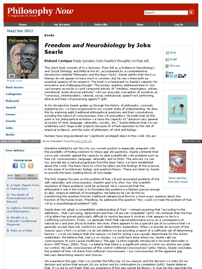 Freedom And Neurobiology By John Searle PDF Free Will Indeterminism