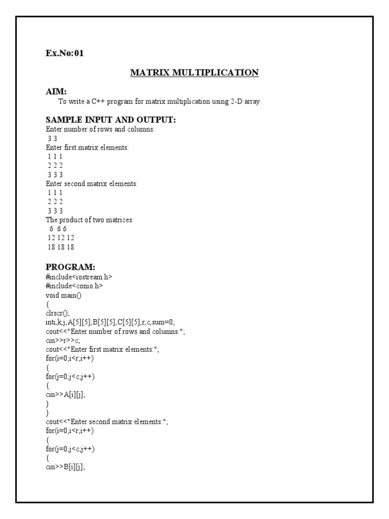 Ex - No:01 Matrix Multiplication: Aim: Sample Input and Output | PDF