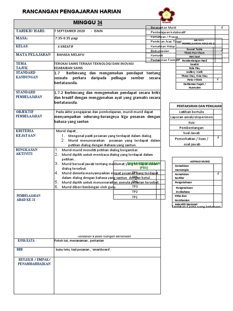 7 9 2020 Rph Bahasa Melayu Thn 6 Isnin Pdf