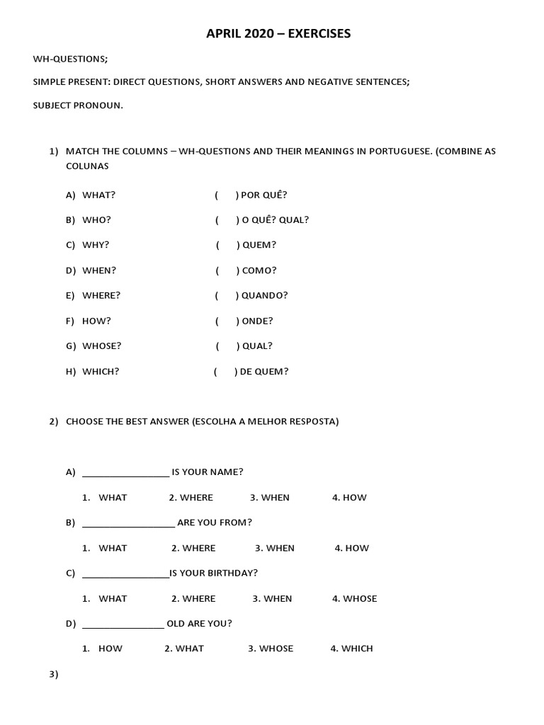 WH-Questions Exercises for Beginners | PDF | Question | Linguistic Typology