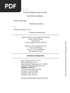 Bolger v. Amazon - Amazon Petition for Review - CA Supreme Court.