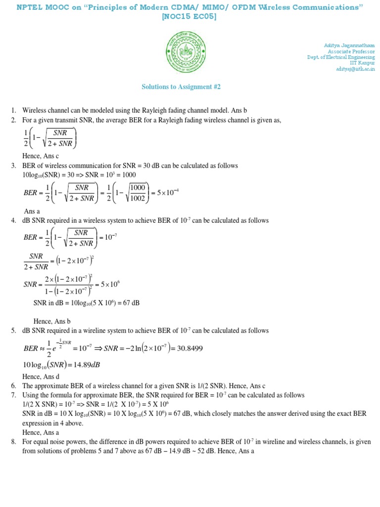 Wireless Communication SNR and BER Solutions | PDF | Signal To Noise ...