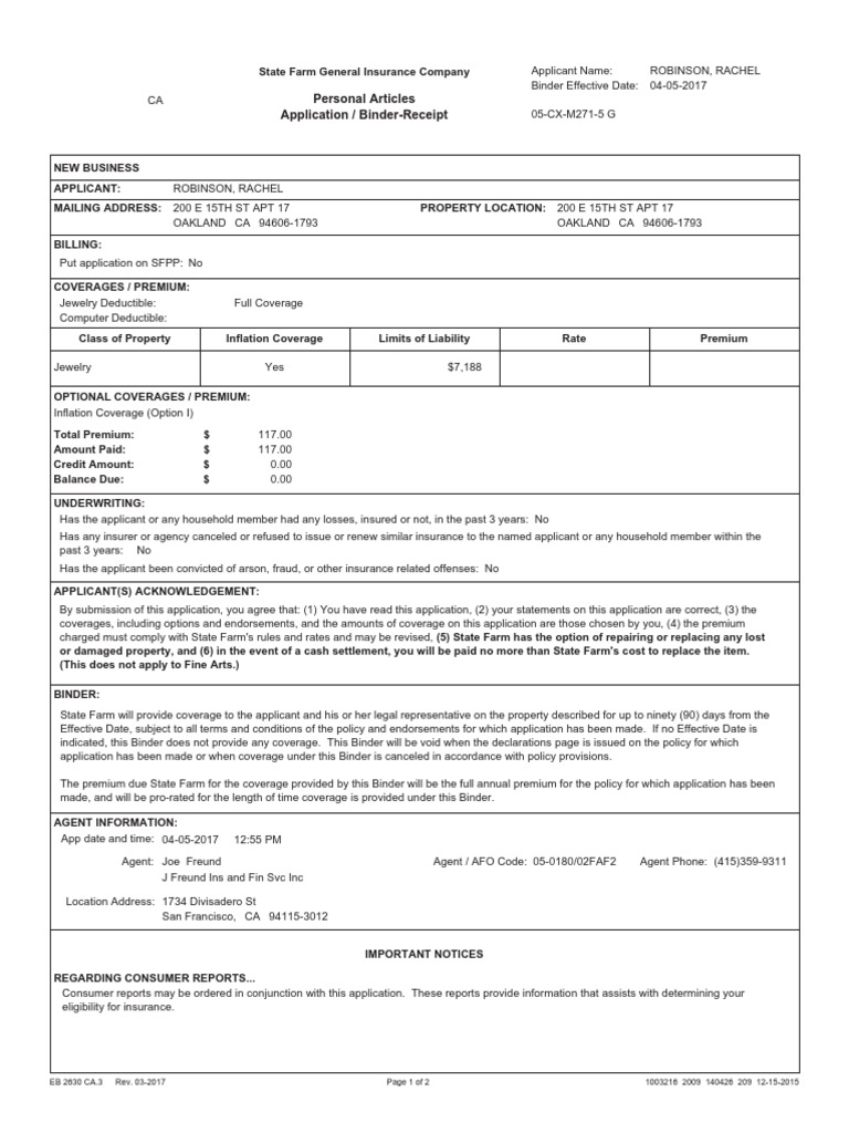 Personal Articles Application / BinderReceipt PDF Deductible