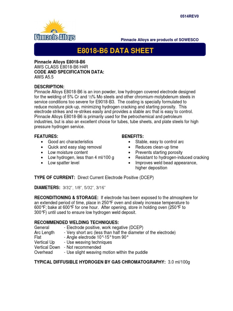 Pinnacle Alloys E8018-B6 Code and Specification Data | PDF | Welding ...