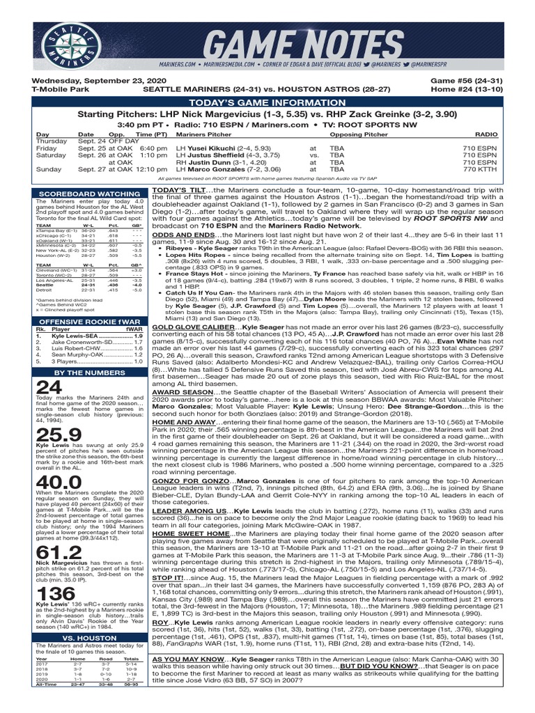 Mariners vs Astros Game Preview | PDF | Baseball Pitching | Summer Sports