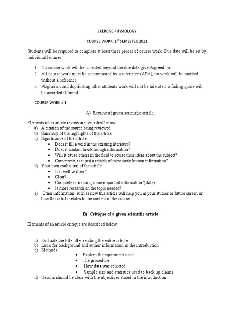 Exercise Physiology Coursework Guide | PDF