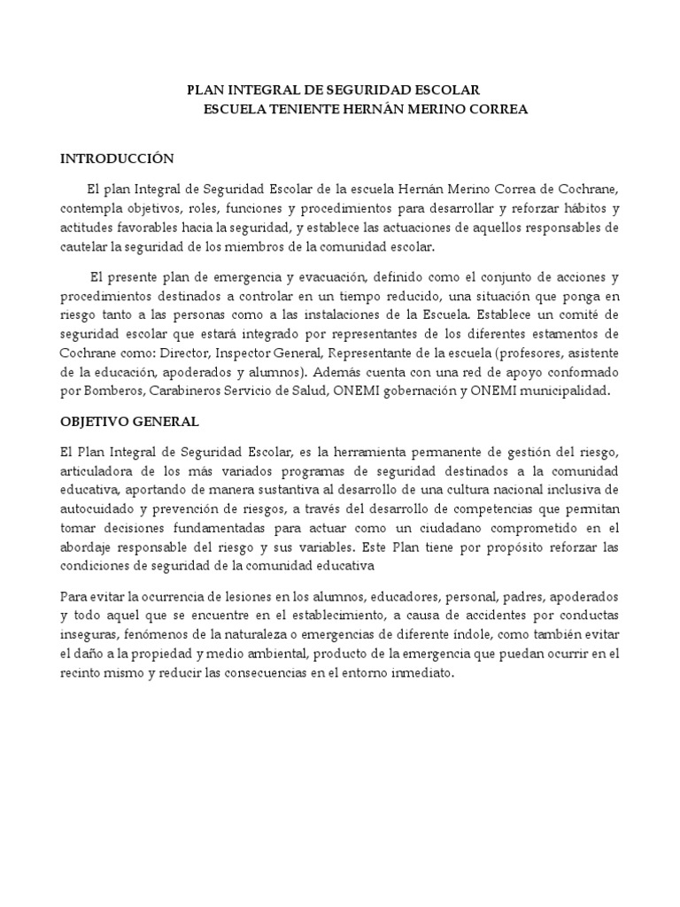 Plan Integral de Seguridad Escolar 2020 Con Protocolos Covid-19 | PDF ...