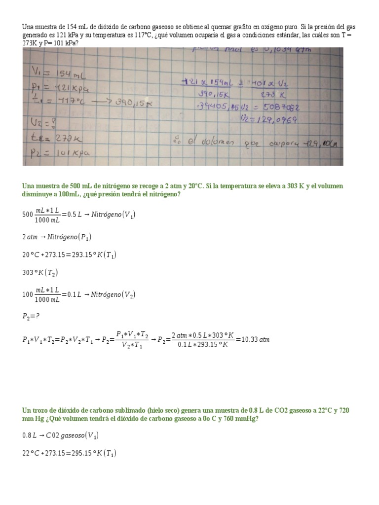 Hoja De Trabajo Sobre La Ley De Los Gases Ideales: Respuestas Leyes De