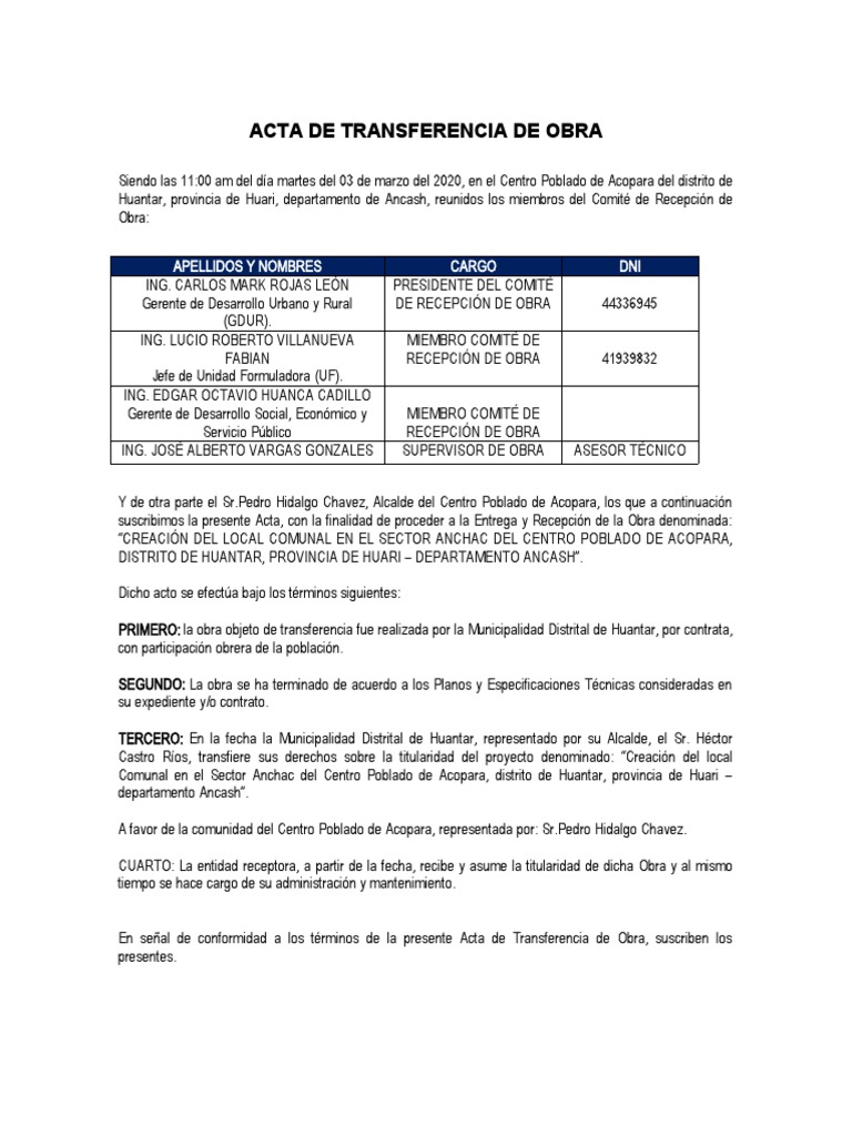 Acta de Entrega y Recepcion de Obra A La Comunidad | PDF
