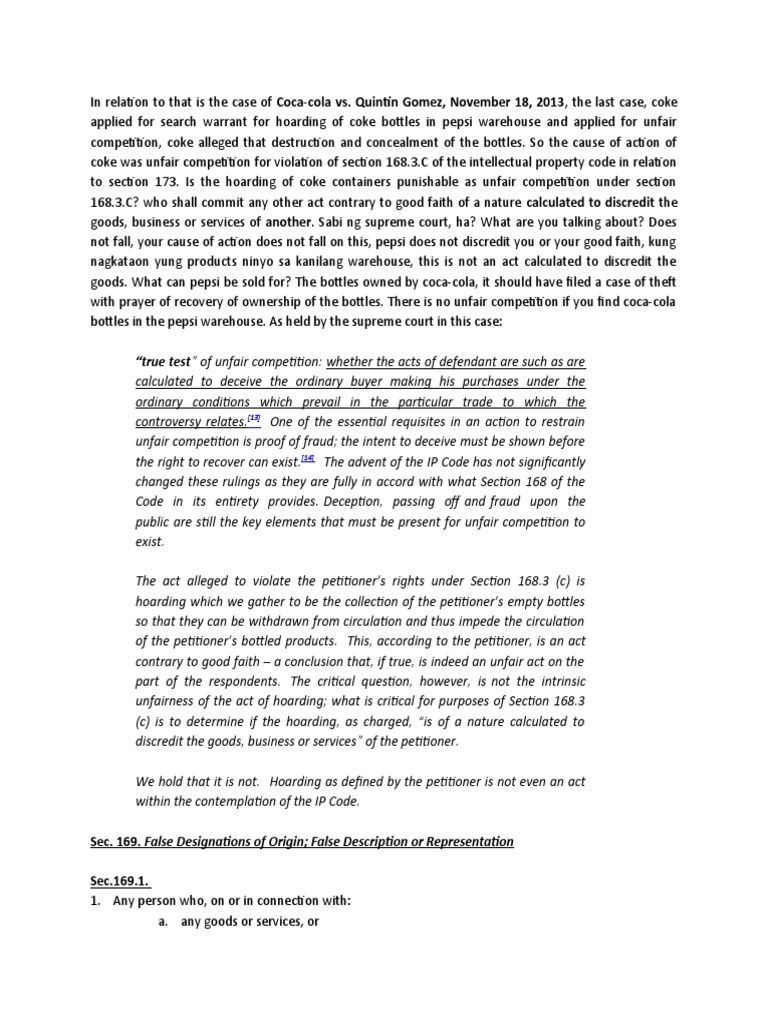 The Hoarding of CocaCola Bottles Not Unfair Competition but Potential