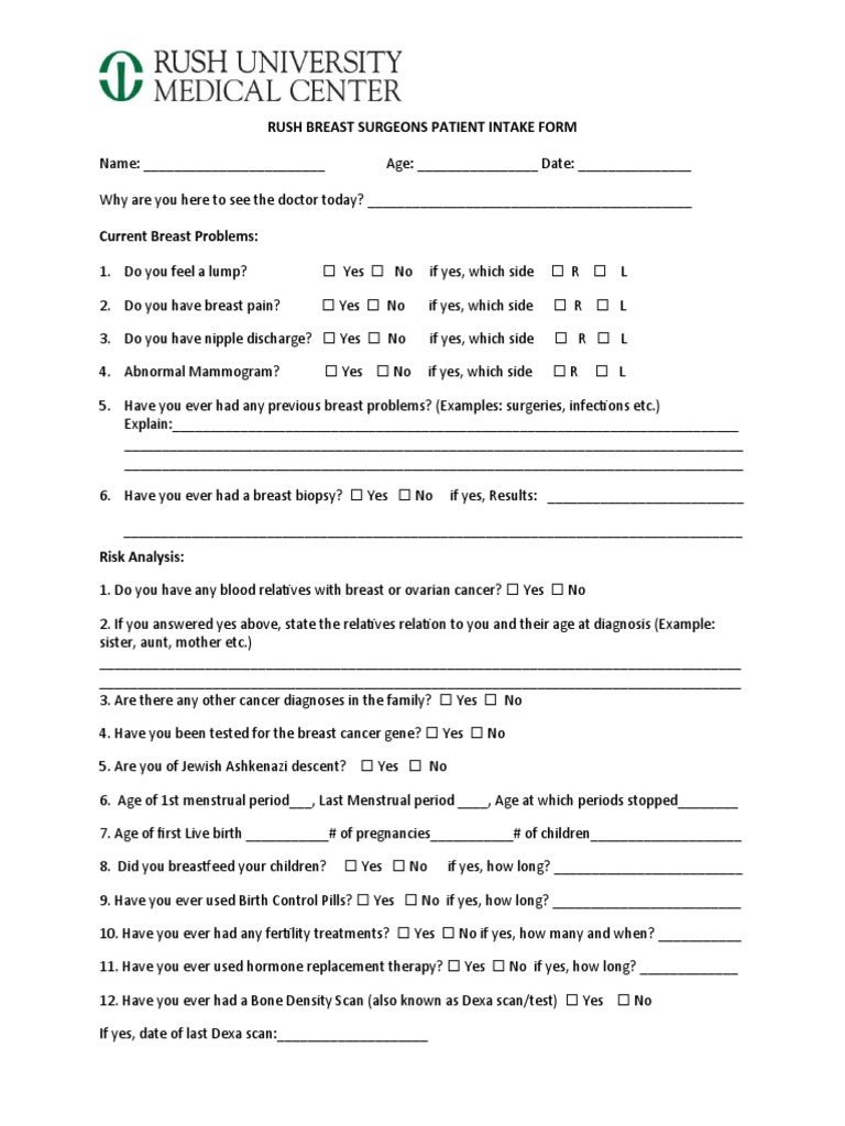 Rush Breast Surgeons Intake Form | PDF | Breast Cancer | Cancer