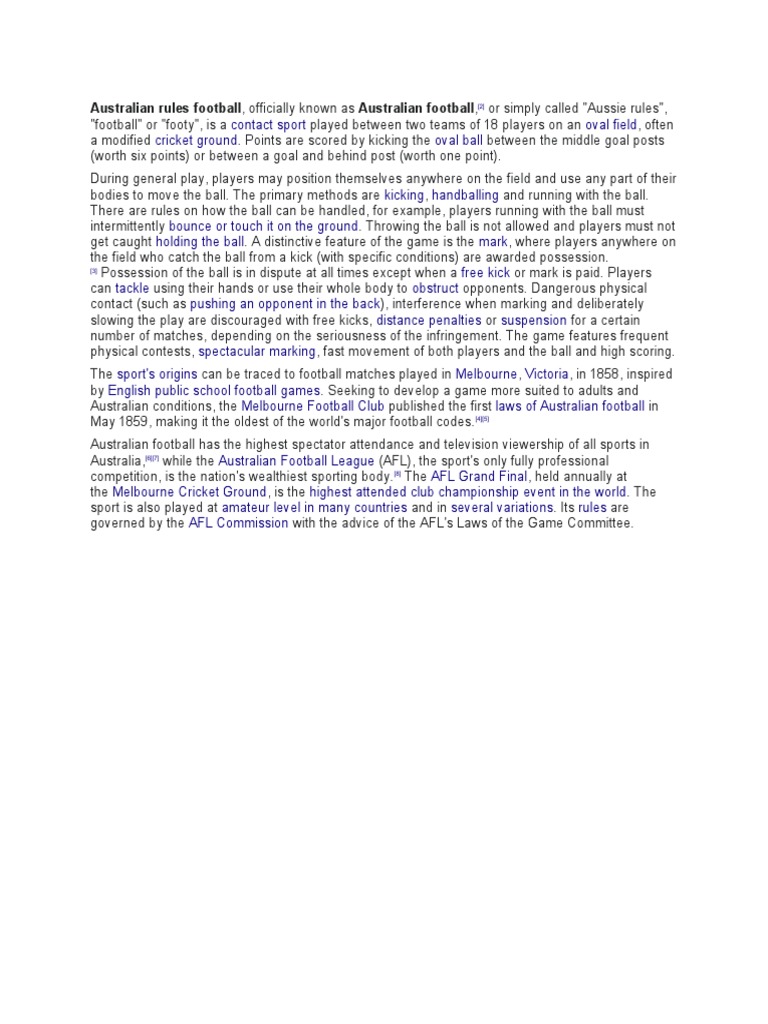 History and Rules of Aussie Rules Football | PDF | Australian Rules ...