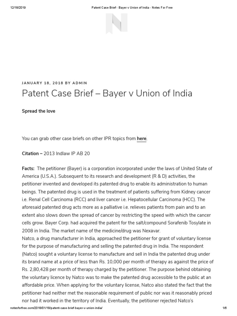 Bayer v. Union of India Patent Case Summary | PDF | Patent | Business Law