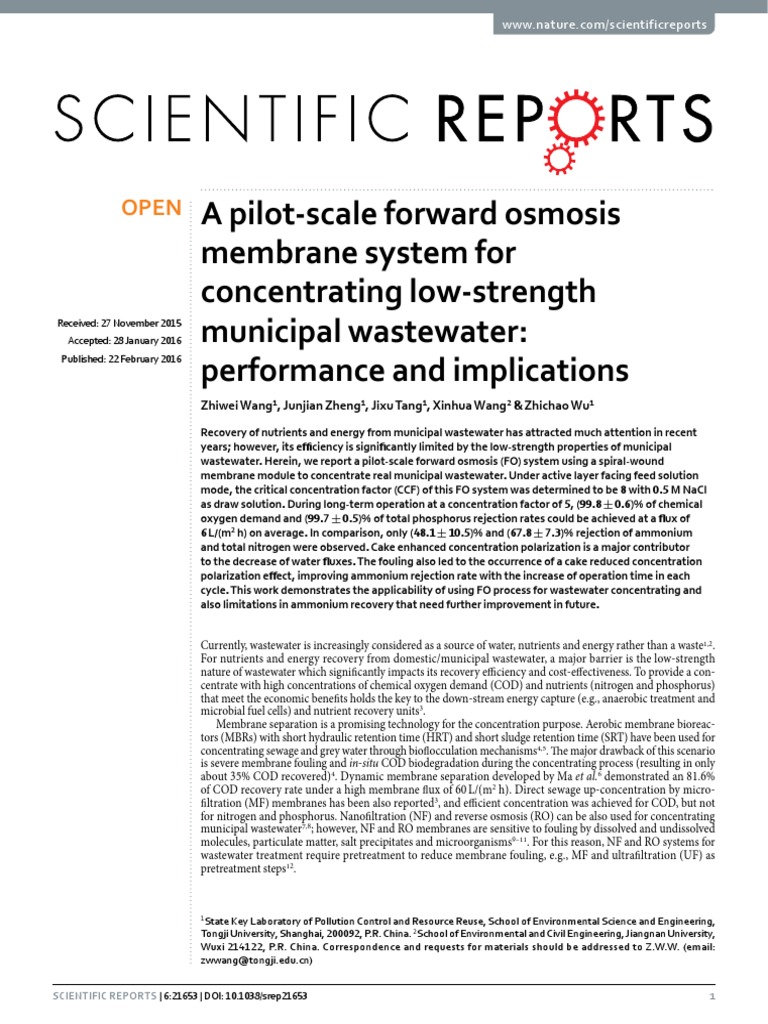 A PilotScale Forward Osmosis Membrane System For Concentrating Low