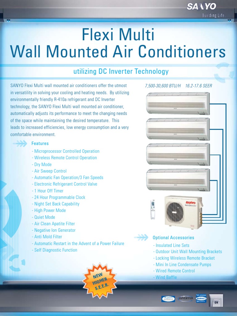 Sanyo Wall Mounted Multi Split System Indoor Units Sell Sheet | PDF | Air  Conditioning | Equipment