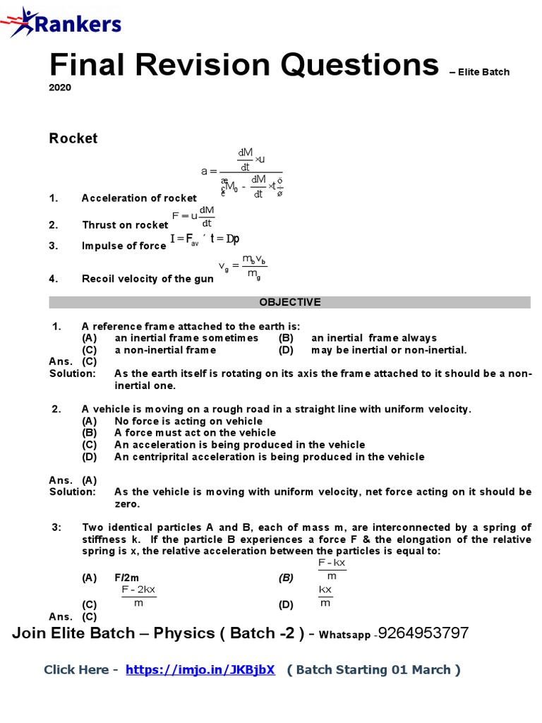 Final Revision Questions Rocket Tension Physics Lift Force