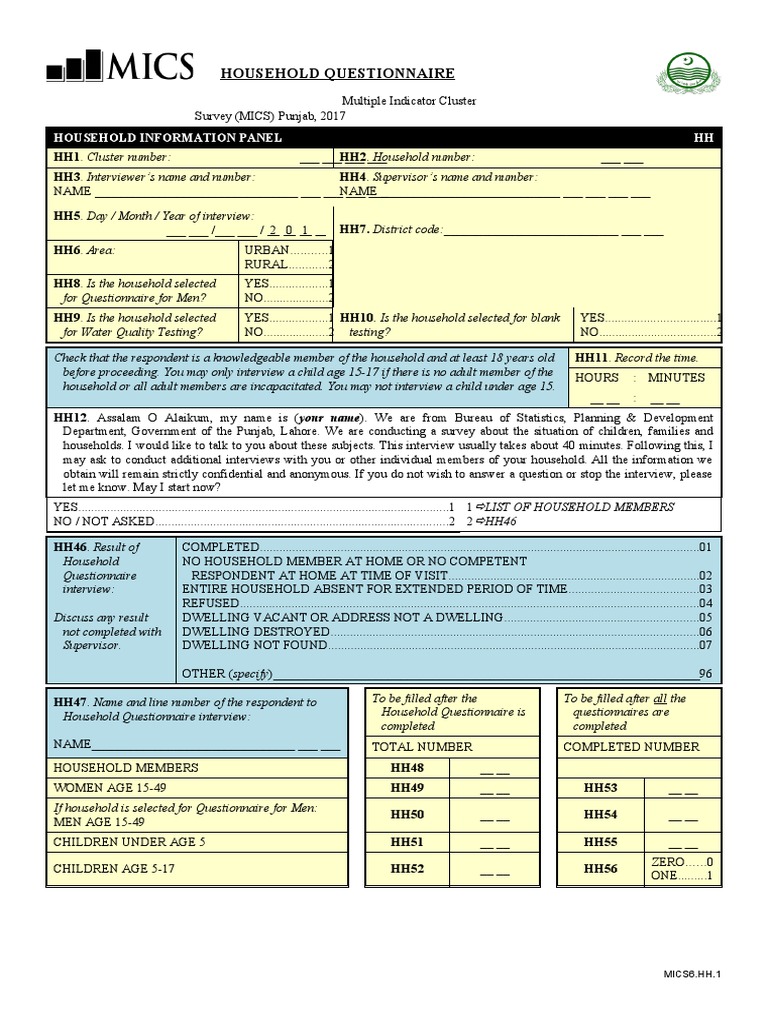 Punjab MICS 2017 Household Survey Form | PDF | Survey Methodology ...