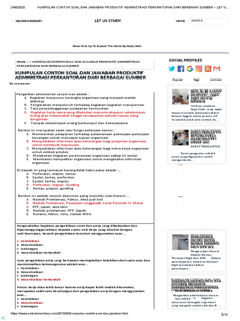 Kumpulan Contoh Soal Dan Jawaban Produktif Administrasi Perkantoran Dari Berbagai Sumber Let Us Study Pdf