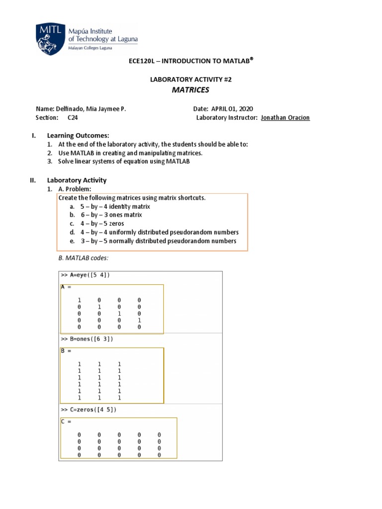Matrices: Ece120L - Introduction To Matlab Laboratory Activity #2 | PDF ...
