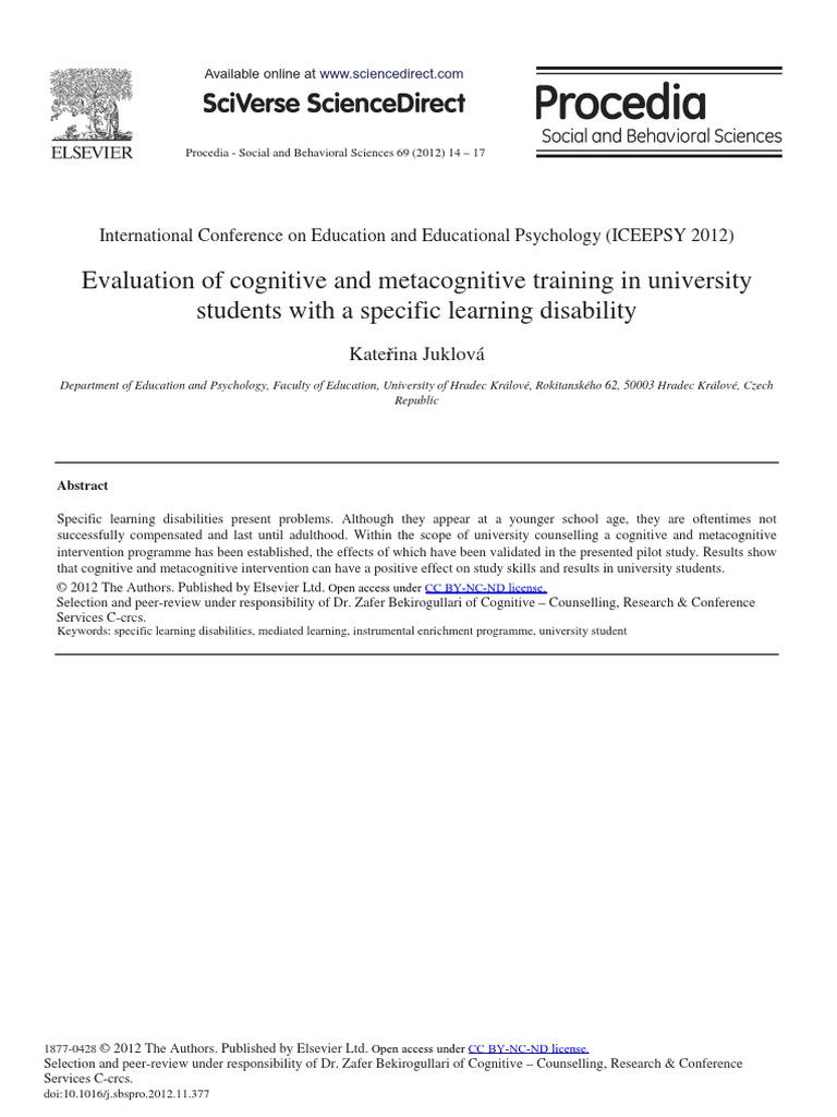 Evaluation of Cognitive and Metacognitive Training in University ...