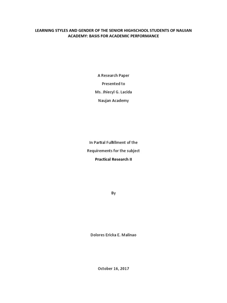 Learning Styles and Gender of The Senior Highschool Students of Naujan ...