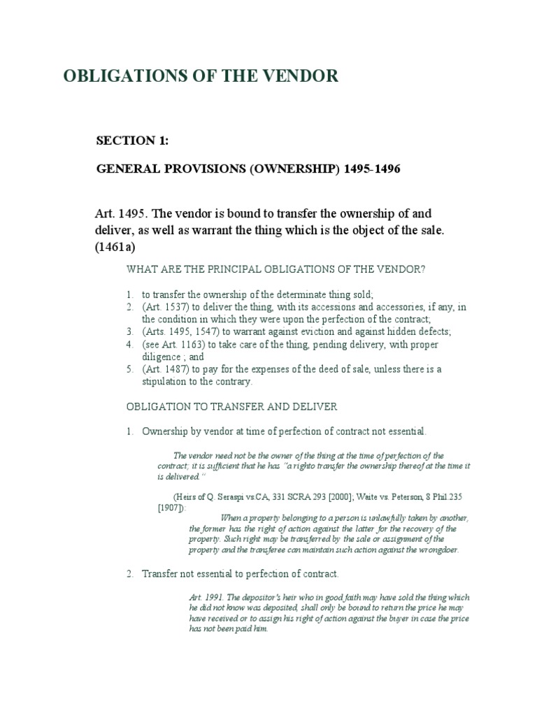 Obligations of a Vendor Transferring Ownership, Delivery, and Warranty