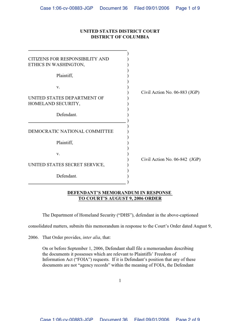 CREW v. DHS: Regarding White House Visitor Logs (Abramoff) : 9/1/06 ...
