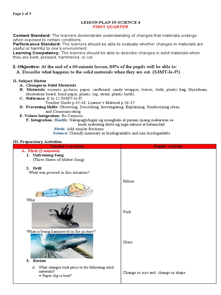 Changes in Solid Materials Lesson Plan | PDF | Paper | Learning