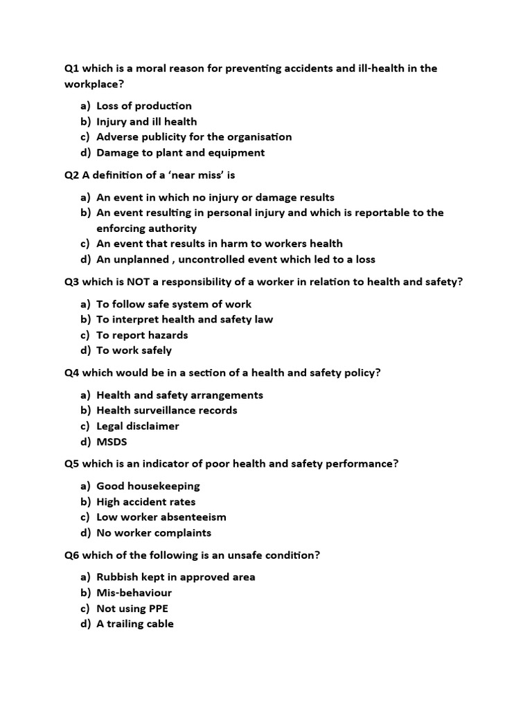 Occupational Health & Safety Exam Questions | PDF | Occupational Safety ...