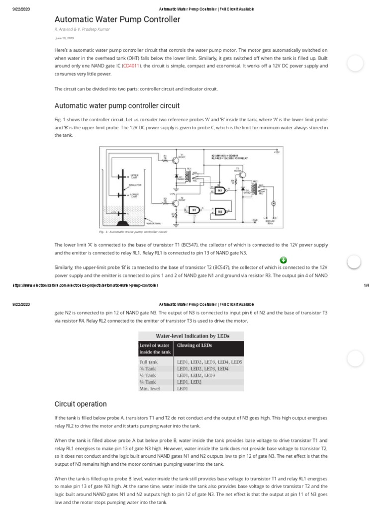 Automatic Water Pump Controller Full Circuit Available Circuit Diagram