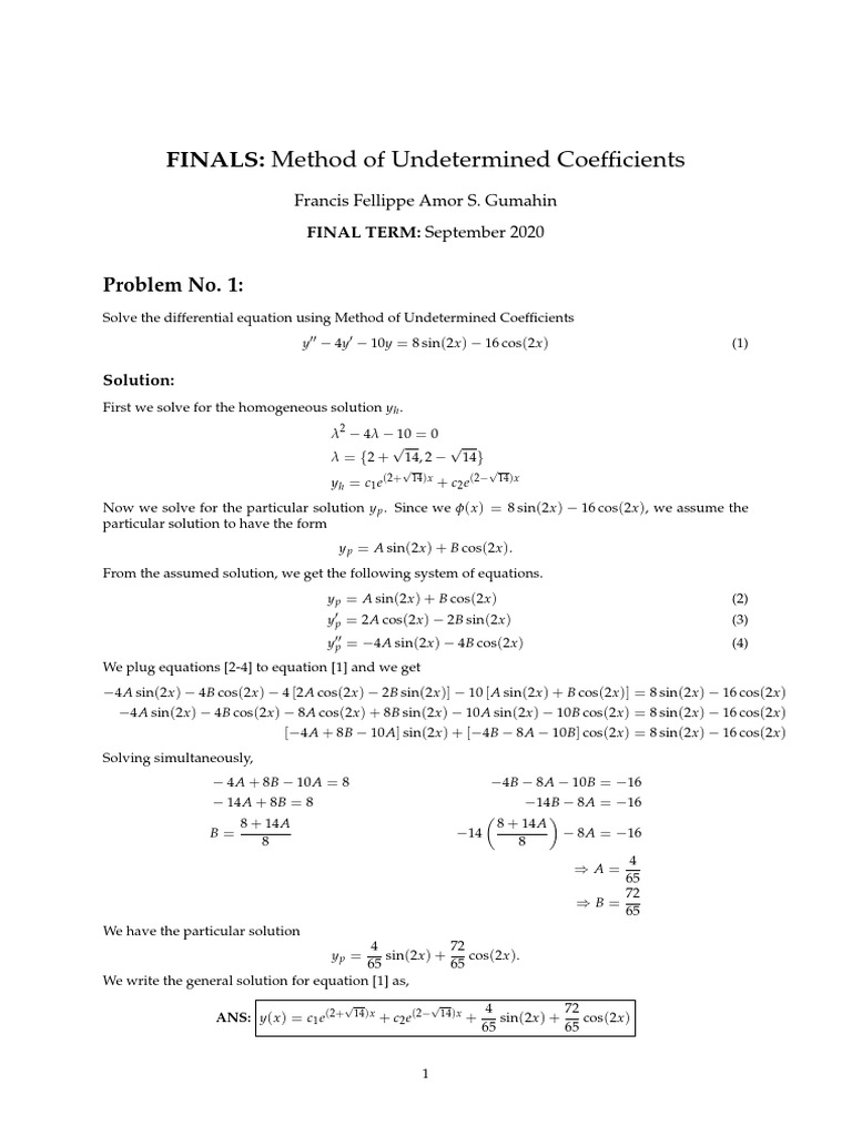 Solved Examples For Method of Undetermined Coefficients PDF