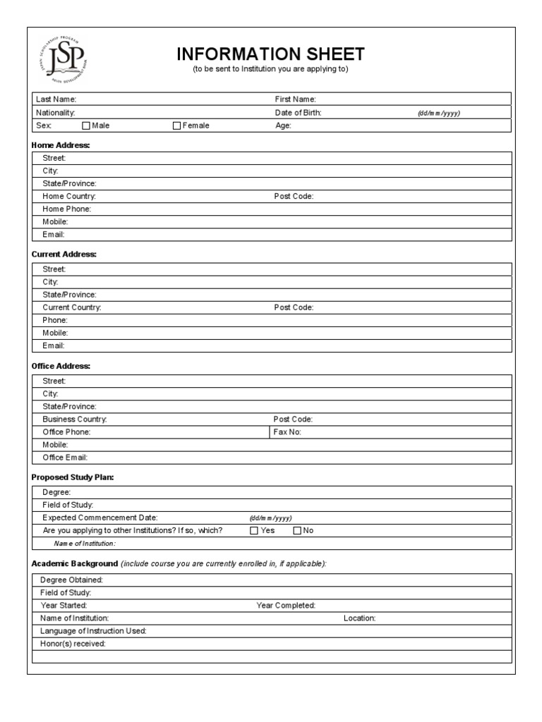 Scholarship Application Information Sheet | PDF