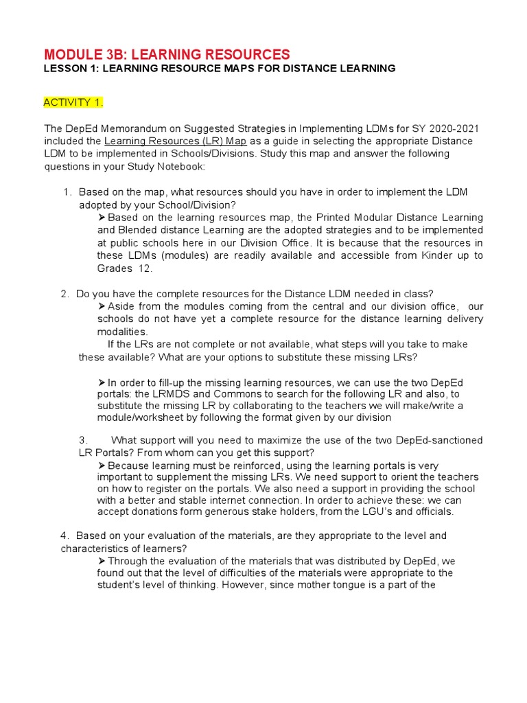 Learning Resource Maps For Distance Learning Deped Ldm2 Module 3B Activity With Sample Answers | Pdf | Learning | Behavior  Modification