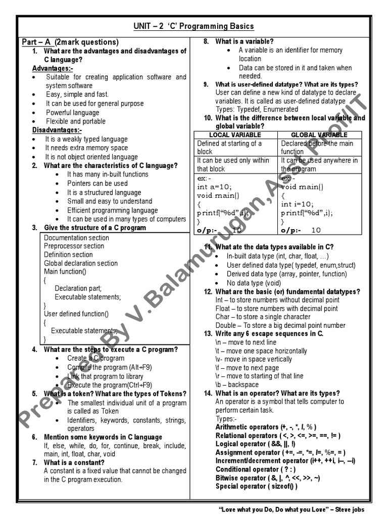 UNIT - 2 C' Programming Basics Part - A (2mark Questions) | Download ...