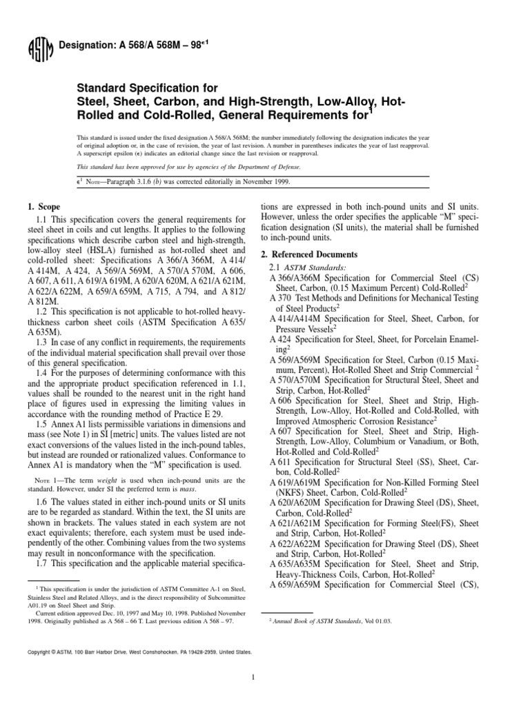 Steel, Sheet, Carbon, and HighStrength, LowAlloy, HotRolled and Cold