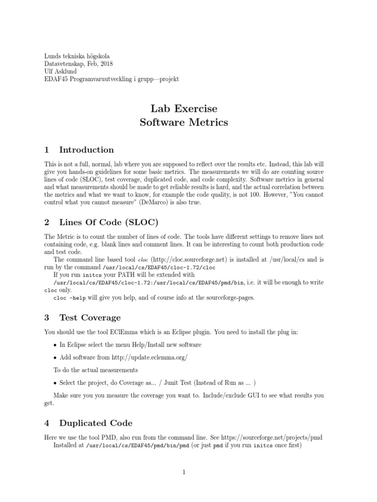 Lab Exercise Software Metrics | PDF | Software Quality | Computer Science
