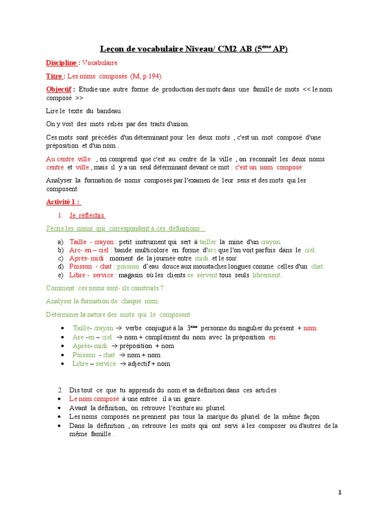 Pluriel Des Noms Composés Exercices Corrigés Pdf Cm2 Leçon de Vocabulaire Niveau - CM2 - 04mai2020 | PDF | Mécanique du langage  | Linguistique