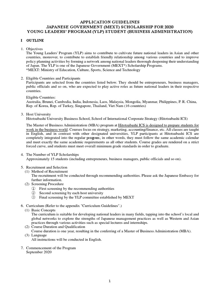 MEXT YLP Scholarship 2020 Guidelines | PDF | Master Of Business ...