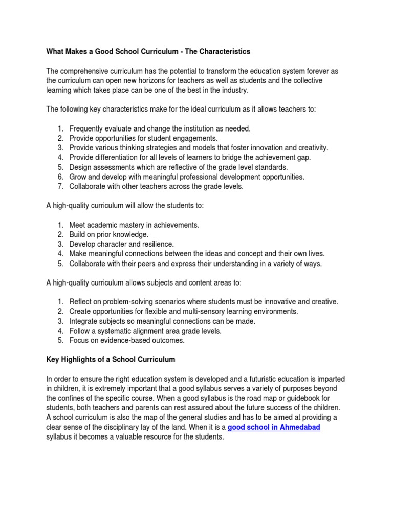 What Makes A Good School Curriculum The Characteristics PDF