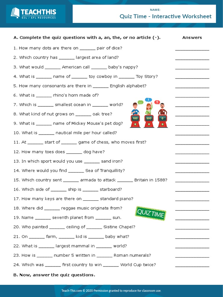 4 Articles Quiz Time Interactive Worksheet Pdf Nature