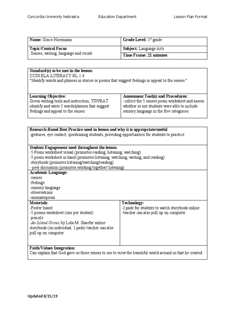 Concordia University Nebraska Education Department Lesson Plan Format ...