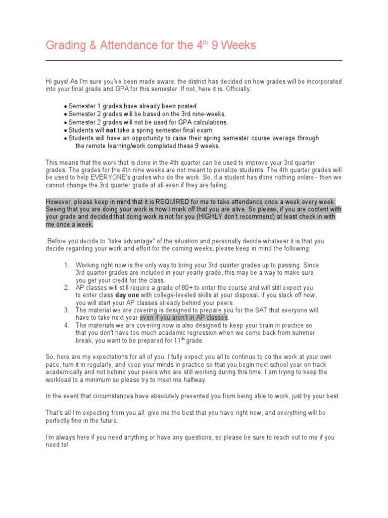 Grading & Attendance For The 4 9 Weeks | PDF | Academic Term | Advanced ...