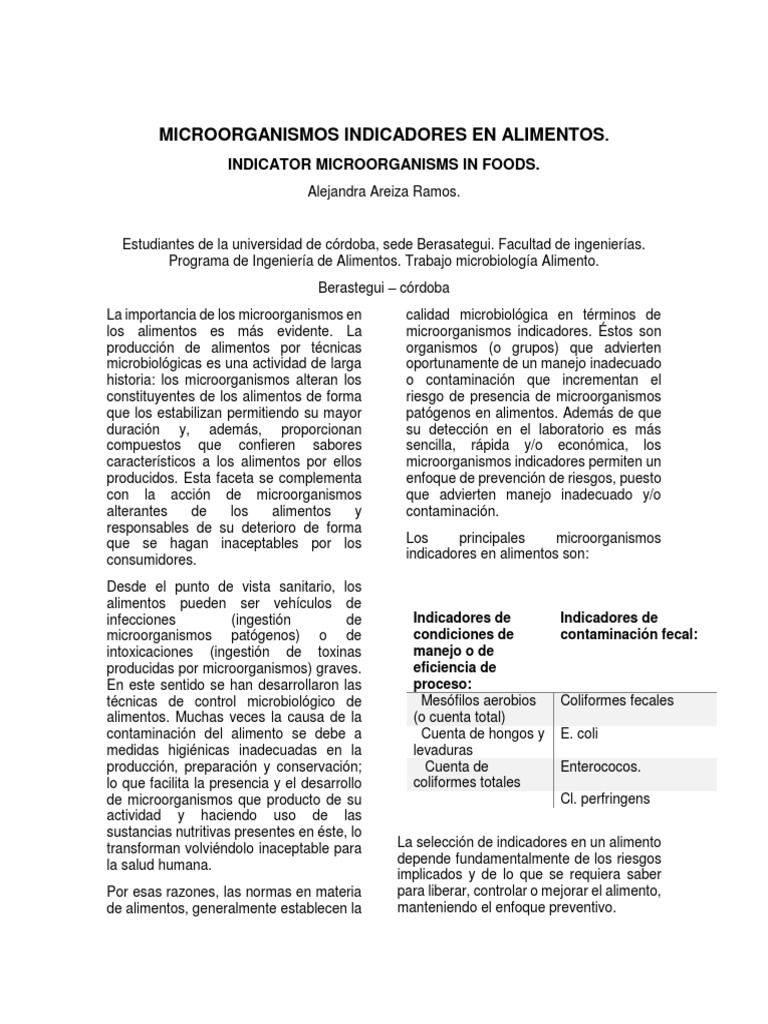 Microorganismos Indicadores en Alimentos PDF | PDF | Microorganismo ...